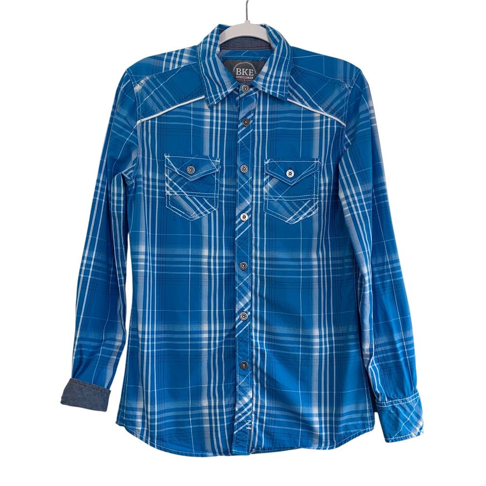 BKE Mens Taylored Fit Western Shirt Size S Blue White Red Plaid Metal Button Up